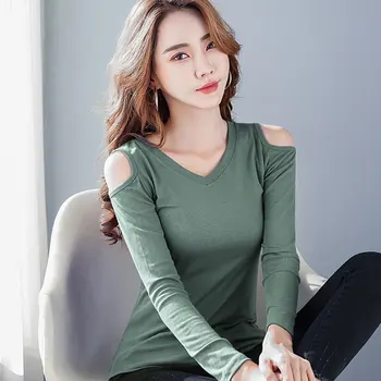 2020 Pe Umăr Topuri Pentru Femei tricou Negru Haine coreene Tricou Slash Gat Femei cu Maneci Lungi T-Shirt Femei Camiseta