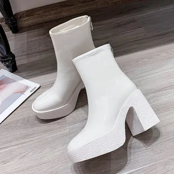 2020 Platforma Pu Piele Glezna Cizme Rotund Toe Cald Blana De Iarnă Pantofi Pentru Femei Cu Fermoar Pătrat Toc Înalt Cizme Scurte