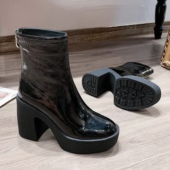 2020 Platforma Pu Piele Glezna Cizme Rotund Toe Cald Blana De Iarnă Pantofi Pentru Femei Cu Fermoar Pătrat Toc Înalt Cizme Scurte