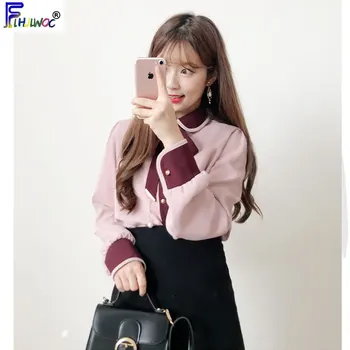 2020 Primăvară Design Nou Papion Topuri Femei Maneca Lunga Drăguț Preppy Stil Coreea Temperament Lady Alb Buton De Cămașă Bluză Roz
