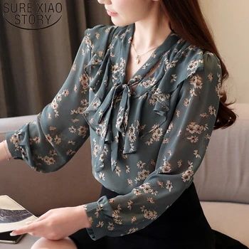 2020 Primăvară Nouă Maneca Lunga V-gât Elegant de Imprimare Șifon Cămașă coreean Liber Zburli Arc Bluza Femei Blusas Mujer De Moda 8907 50