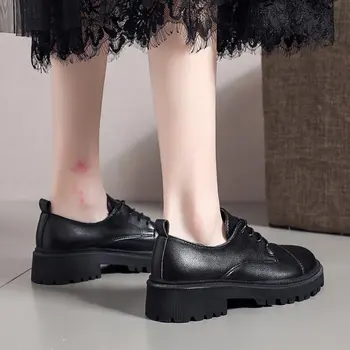 2020 Primăvară Pantofi Oxford Pentru Femei De Iarnă Stil Britanic Pantofi Din Piele Femei Toc Pătrat Plat Dantela-Up Pantofi Platforma Femeie