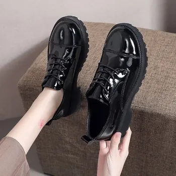 2020 Primăvară Pantofi Oxford Pentru Femei De Iarnă Stil Britanic Pantofi Din Piele Femei Toc Pătrat Plat Dantela-Up Pantofi Platforma Femeie