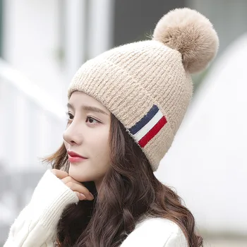 2020 Pălării De Iarnă Pentru Femei De Moda Tricotate Capac De Lână Cald Și Îngroșat Albastru Alb Rosu Cu Dungi Căciuli Mari Pompoms Designer Bonete