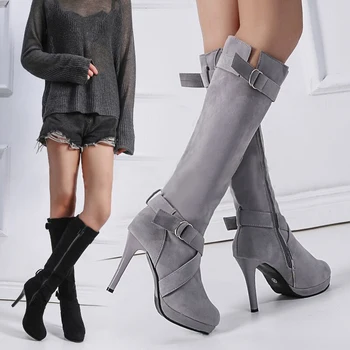 2020 Sexy Genunchi Ridicat Cizme pentru Femei Subțire Toc Rotund Toe Platforma de Moda Doamnelor Cizme din Piele PU de Dimensiune 34-43 Pantofi de damă