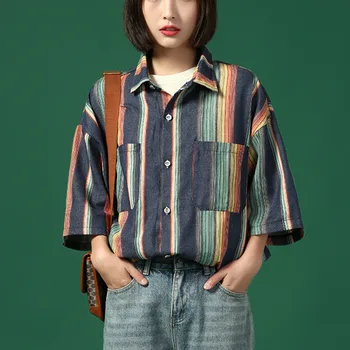 2020 Toamna Bumbac Bluza Maneca jumătate shires coreean de contrast de culoare cu dungi curcubeu cu mânecă scurtă tricou vrac femei nou