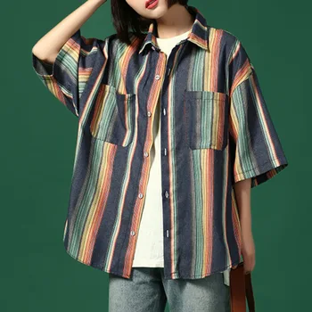 2020 Toamna Bumbac Bluza Maneca jumătate shires coreean de contrast de culoare cu dungi curcubeu cu mânecă scurtă tricou vrac femei nou