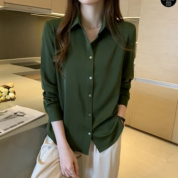 2020 Toamna coreean Birou Doamnă Stil Bluza Femei Solide de Matase cu Maneci Lungi pentru Femei Bluza din Satin Single-breasted Tricouri Largi 11053