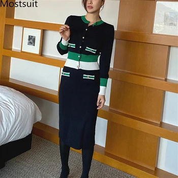2020 Toamna-coreean de Culoare-blocat Tricotate Două Bucata Costum Fusta Seturi de Femei cu Maneci Lungi Cardigan + Elastic Talie Fusta Doamnelor Seturi