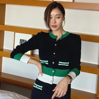 2020 Toamna-coreean de Culoare-blocat Tricotate Două Bucata Costum Fusta Seturi de Femei cu Maneci Lungi Cardigan + Elastic Talie Fusta Doamnelor Seturi