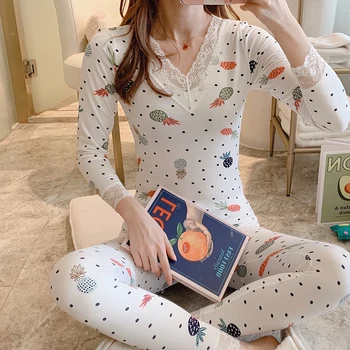 2020 Toamna Iarna cu Maneca Lunga Dantela Sexy V-neck Imprimare Termică Body Shaper Setul de Lenjerie de corp pentru Femei Cald Pijamale Pijama Body