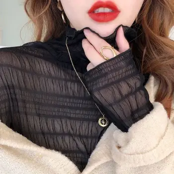 2020 toamna iarna femei bluza tricou stil coreean sens de design jumătate-guler de dantelă cu ochiuri bottom topuri cutat retro haine sexy