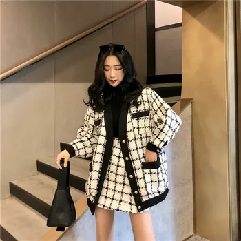 2020 Toamna Iarna Moda 2 Bucata Set Pentru Femei Cu Maneci Lungi De Lână Tweed Strat De Sacou+Fusta Mini Lână Set Doamnelor De Epocă Îmbrăcăminte Seturi
