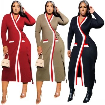 2020 Toamna Iarna Nou-Veniți Stripe Print Rochie Lunga Casual Cu Maneci Lungi Din Africa Rochii Maxi Pentru Femei Tricotate Vestidos