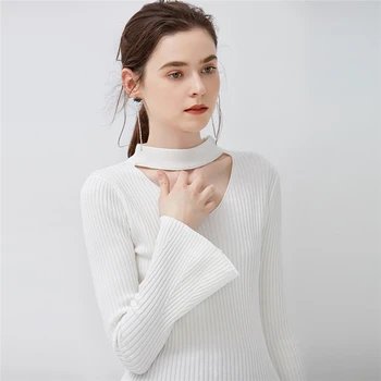 2020 Toamna/Iarna Noua Moda OL Femei Elegante Flare Mâneci V-gât Agățat de Gât Opțional Culoare Solidă Tricot Pulover de Bază