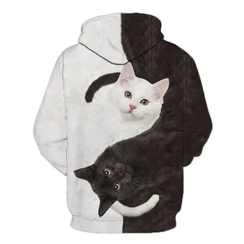 2020 toamna tricou casual sport femei hoodie de moda pentru bărbați și femei cu mâneci lungi alb-negru și două pisici tricou