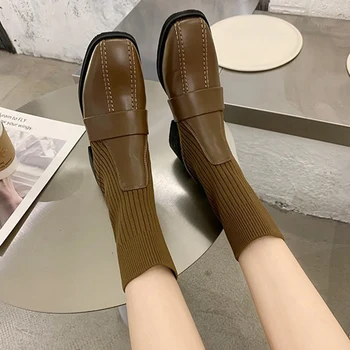 2020 Toc Patrat Șosete Cizme Femei Strech Material Elestic Stilettos cu Toc Square Toe Glezna Cizme Pantofi pentru Femeie