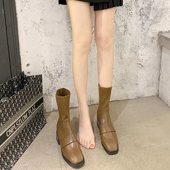 2020 Toc Patrat Șosete Cizme Femei Strech Material Elestic Stilettos cu Toc Square Toe Glezna Cizme Pantofi pentru Femeie
