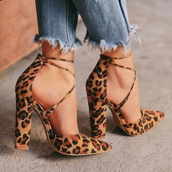2020 tocuri inalte femei de moda de vara toc pătrat a subliniat toe casual dantela-up leopard de imprimare petrecere de nunta plus dimensiunea femei pompe