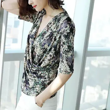 2020 Vara Noi de Mijloc Aaged Femei Gheață Silk V-neck Floare de Imprimare Bluza Topuri de sex Feminin Jumătate Maneca Slim Moda Elastic Tricou W84
