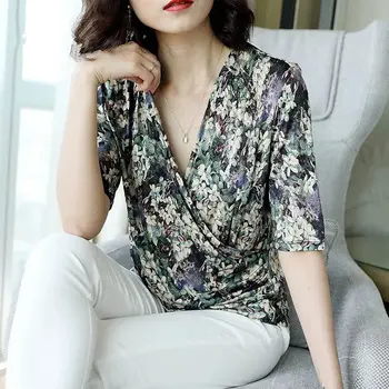 2020 Vara Noi de Mijloc Aaged Femei Gheață Silk V-neck Floare de Imprimare Bluza Topuri de sex Feminin Jumătate Maneca Slim Moda Elastic Tricou W84