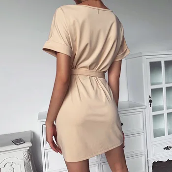 2020 Vara Noi Femei Rochie O-neck Solid Kaki/Alb/Negru Scurt cu Mâneci lungi Rochii Cu Moda Sac de Talie vestido de mujer