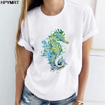 2020 Vara Noi Harajuku Grafic T Shirt Femei Hipocampus Imprimate T-shirt de Moda Casual Tricou Grafic de Top Tee Haine de sex Feminin