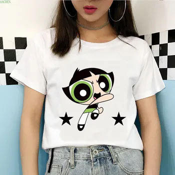2020 Vara Noi Kawaii Alb Topuri Powerpuff Tricou Fetele Harajuku Amuzant de Desene animate Drăguț Imprimate T-shirt Femei Picătură de Transport maritim