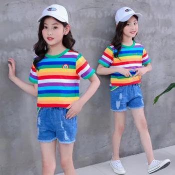 2020 Vara Noi pentru Copii Scurte din Bumbac T-shirt Toddler Boys Copii Fete de Moda Curcubeu T-shirt, Bluze Casual Pentru Copii 2-7 Ani