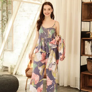 2020 Vânzare FIERBINTE Femei Vrac Subțire Set de Pijama Stil Proaspat Floral Imprimat Doamnelor Cardigan Elegant+Sling+Pantaloni 3PCS Sexy Homewear