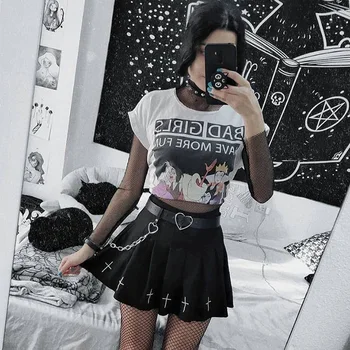 2020 Înaltă Talie Mini Fuste Negre Gotice Streetwear Cruce De Imprimare Plisata Femei Casual Colegiul Lolita Harajuku Streetwear Skater