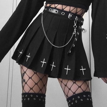 2020 Înaltă Talie Mini Fuste Negre Gotice Streetwear Cruce De Imprimare Plisata Femei Casual Colegiul Lolita Harajuku Streetwear Skater