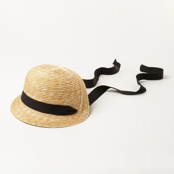 202008-HH6038 vara handmade paie franceză grădină Lolita vacanță negru panglică lungă copii soare capac copii pălărie de petrecere a timpului liber