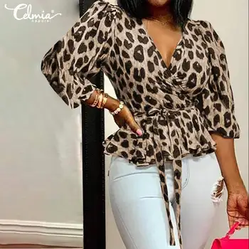 2021 Celmia Moda Leopard De Imprimare Bluze Femei Felinar Sleeve Belted Tricou Vrac Sexy V-Neck Casual Volane Topuri Elegante Blusas