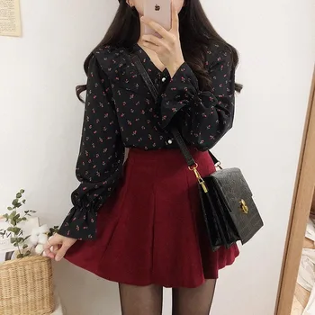 2021 Coreean Toamna Manșon De Puf Femei Șifon Bluza Office Lady V Gât Florale Tricouri Femei Cardigan Plus Dimensiune Topuri Doamnelor 10335