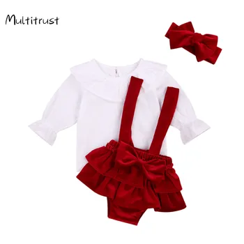 2021 Crăciun Nou-născuți Haine Fata copil Copil Set Volane Alb Topuri Funda de Catifea Roșie, pantaloni Scurți Bentita Costume Xmas 0-24M