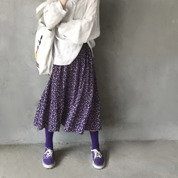 2021 de Vară, de Toamnă Nou Fusta Plisata Purple Daisy Fusta de sex Feminin coreeană Retro Chic Vrac Florale Fusta Talie Inalta Fusta a - line