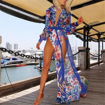 2021 Elegant Stil Boem De Vară Șifon Plajă Mare Parte Split Maxi Rochie Lunga Sexy Femei Adânc V-Gât Rochie Floral Vestidos