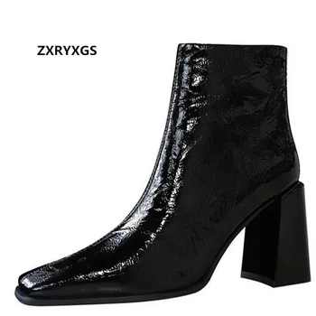 2021 European / American Stil Deget de la picior Pătrat Cizme din Piele de Brevet Gros cu Toc Înalt Pantofi de Iarna Martin Cizme Cizme pentru Femei