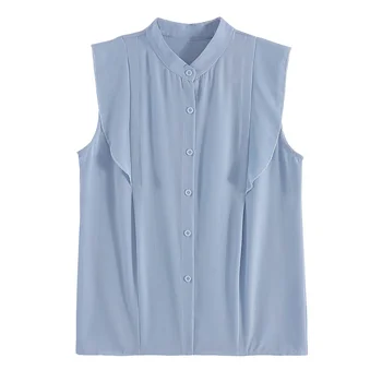 2021 fără Mâneci Șifon Solid Vara Noua Moda Femei Casual Stand Guler Albastru Gri Cardigan Femei Topuri si Bluze 9789