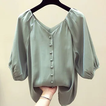 2021 Moda de Vara Felinar Bluze cu Maneca Short Sleeve V-neck Casual Solidă Șifon Femei Bluze Femei Elegante Haine 5393 50