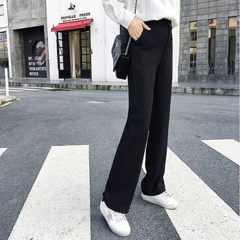 2021 Moda Elegant Doamnă Birou Negru Pantaloni Casual Pantaloni Largi Picior Solid Femei Pantaloni Coreean De Înaltă Talie Pantaloni Pantalon 9755