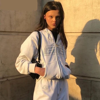 2021 Moda Stras Fermoar Supradimensionat Hanorace E-Fata De Epocă Solid Scrisoare Lungă Maneca Negru Jachete De Toamna Tinutele
