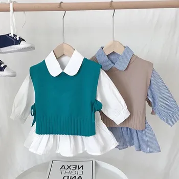 2021 Moda Toamna Fete Haine Tricot Gilet+Tricou cu Maneci Lungi, 2 buc Set Imbracaminte Copii