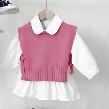 2021 Moda Toamna Fete Haine Tricot Gilet+Tricou cu Maneci Lungi, 2 buc Set Imbracaminte Copii