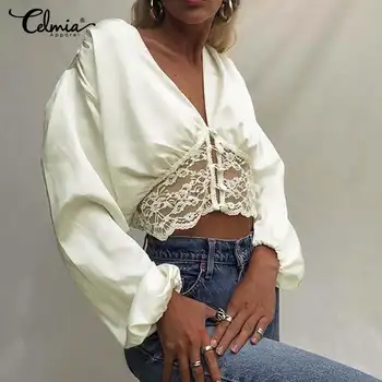 2021 Noi Femeile de Moda Satin Tricouri Felinar Maneca Lunga Bluze Celmia Dantela Mozaic Topuri Sexy V-gât Adânc Casual Elegant Blusa