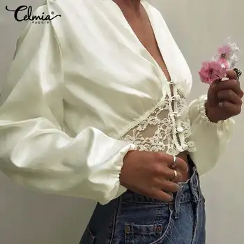 2021 Noi Femeile de Moda Satin Tricouri Felinar Maneca Lunga Bluze Celmia Dantela Mozaic Topuri Sexy V-gât Adânc Casual Elegant Blusa