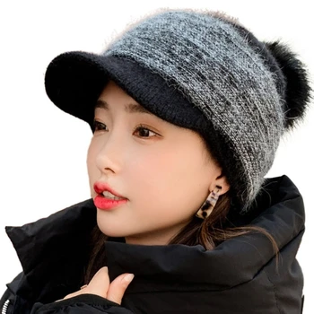 2021 Noi Femeile Gros de Iarna Cald Fuzzy Knit Beanie Capac cu Vizor Pompom Șapcă de Baseball