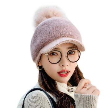 2021 Noi Femeile Gros de Iarna Cald Fuzzy Knit Beanie Capac cu Vizor Pompom Șapcă de Baseball
