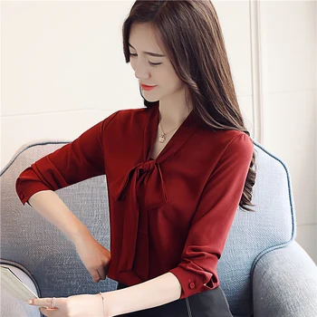 2021 Nou sosit femei bluza de toamna purta mâneci lungi papion Panglică sifon stil coreean femei top bluza slim blusa 1022 40